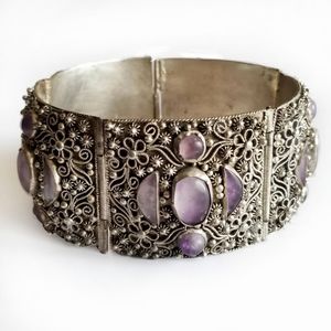 Vintage bracelet Chinese Export filigree panels purple cabochons silver